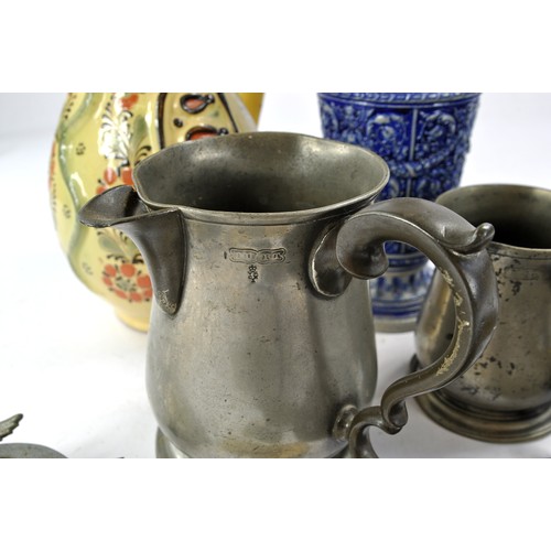 1563 - Antique Victorian Pewter Jugs, Watt and Harton ? Plus various metal (safe) plaques / plates inc Geo ... 