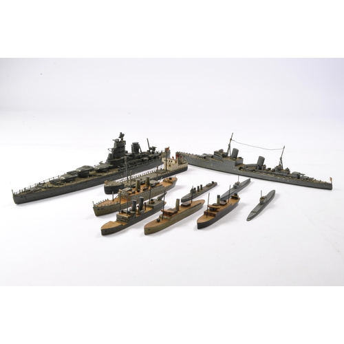 608 - An unusual set of Bassett-Lowke or similar Wooden Waterline Model Warships and Naval / Merchant Vess... 