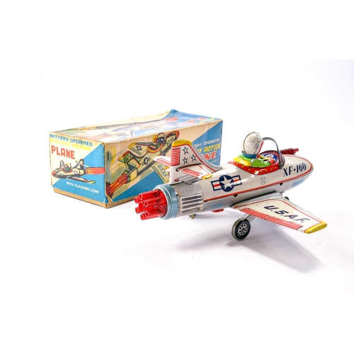 573 - TN Toys Japanese Battery Operated Tinplate issue comprising Mystery Action Plane, XF-160 USAF. In go... 