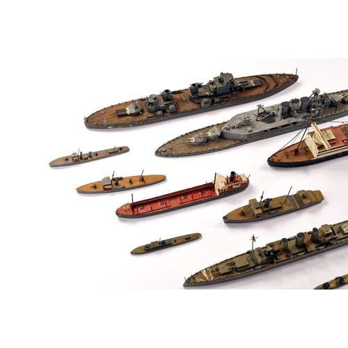 612 - An further unusual set of Bassett-Lowke or similar Wooden Waterline Model Warships, ships and Naval ... 