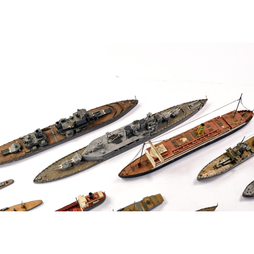 612 - An further unusual set of Bassett-Lowke or similar Wooden Waterline Model Warships, ships and Naval ... 