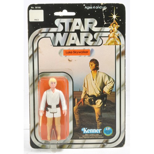 Kenner Star Wars Original Carded Figure comprising Luke Skywalker. Factory sealed with no evident faults to bubble. Figure is on 12 back card. Card is punched and generally very good to excellent with only minor signs of wear. With acrylic presentation case.