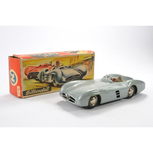 552 - JNF (West Germany) Friction Driven No. 77 Large tinplate Litho Mercedes Silberpfeil Racing Car. Miss... 