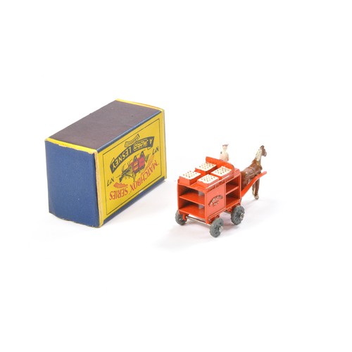 225 - Matchbox Regular Wheels No. 7a Horsedrawn Milk Float. Orange with white driver and crates, metal whe... 