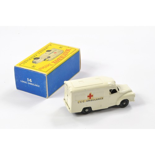 277 - Matchbox Regular Wheels comprising No. 14c Bedford Lomas Ambulance. Off White Body with black plasti... 