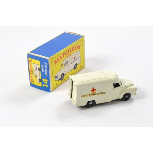 278 - Matchbox Regular Wheels comprising No. 14c Bedford Lomas Ambulance. Off White Body with black plasti... 