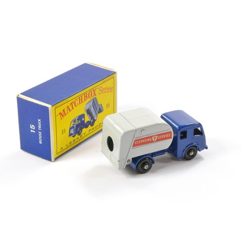 280 - Matchbox Regular Wheels comprising No. 15c Refuse Truck. Blue and Grey with black plastic wheels, ve... 