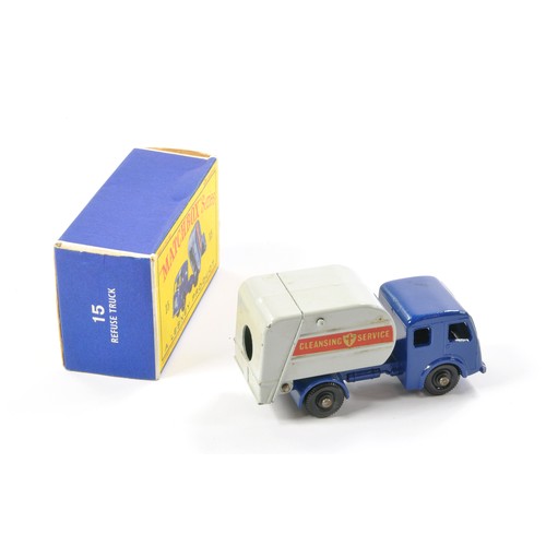 281 - Matchbox Regular Wheels comprising No. 15c Refuse Truck. Blue and Grey with black plastic wheels, ve... 