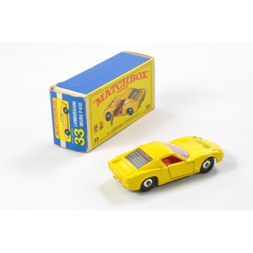 294 - Matchbox Regular Wheels comprising No. 33c Lamborghini Miura. Yellow with red interior, clear window... 