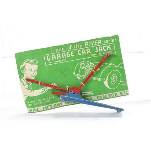 460 - River series Garage Car Jack in red and blue. Secured to cardboard header as shown.