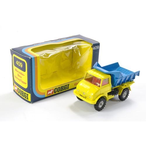 471 - Corgi No. 409 Unimog Tipper. Yellow with red interior, blue tipper. Excellent with no obvious sign o... 