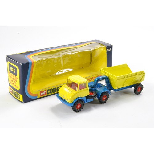 473 - Corgi No. 1145 Mercedes Benz Unimog 406 with 10T Goose Dumper. Yellow and blue, red interior. Red hu... 