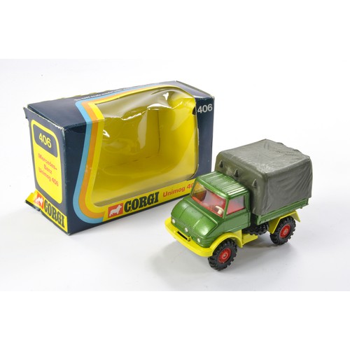 475 - Corgi No. 406 Mercedes Benz Unimog 406. Metallic green and yellow, red interior. Excellent with no o... 