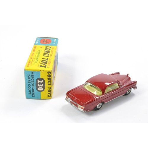 487 - Corgi No. 230 Mercedes Benz 220SE Coupe. Maroon with lemon interior. Generally excellent (inc spare ... 