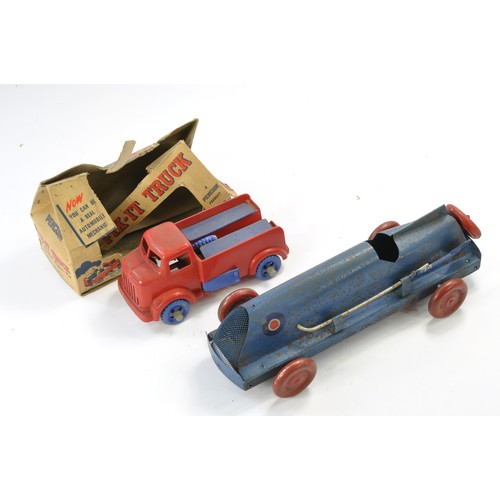 652 - Marx or similar vintage mechanical Land Speed Record Car plus Penguin Plastic 'Fix-it' Truck. Some s... 