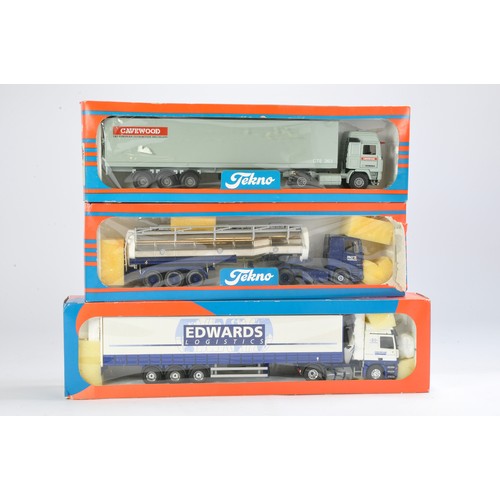 210 - Tekno Diecast Model Truck trio comprising Volvo Box Trailer in the livery of Cavewood (faults), DAF ... 