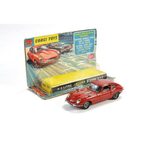 Corgi No. 335 4.2 Litre Jaguar E type 2 + 2. Red with black interior and wire wheels. Generally excellent with very little sign of wear. A small surface rub to roof which may polish out (with careful cleaning). Contained in generally very good to excellent bubble box, only minor scuffing to edges.