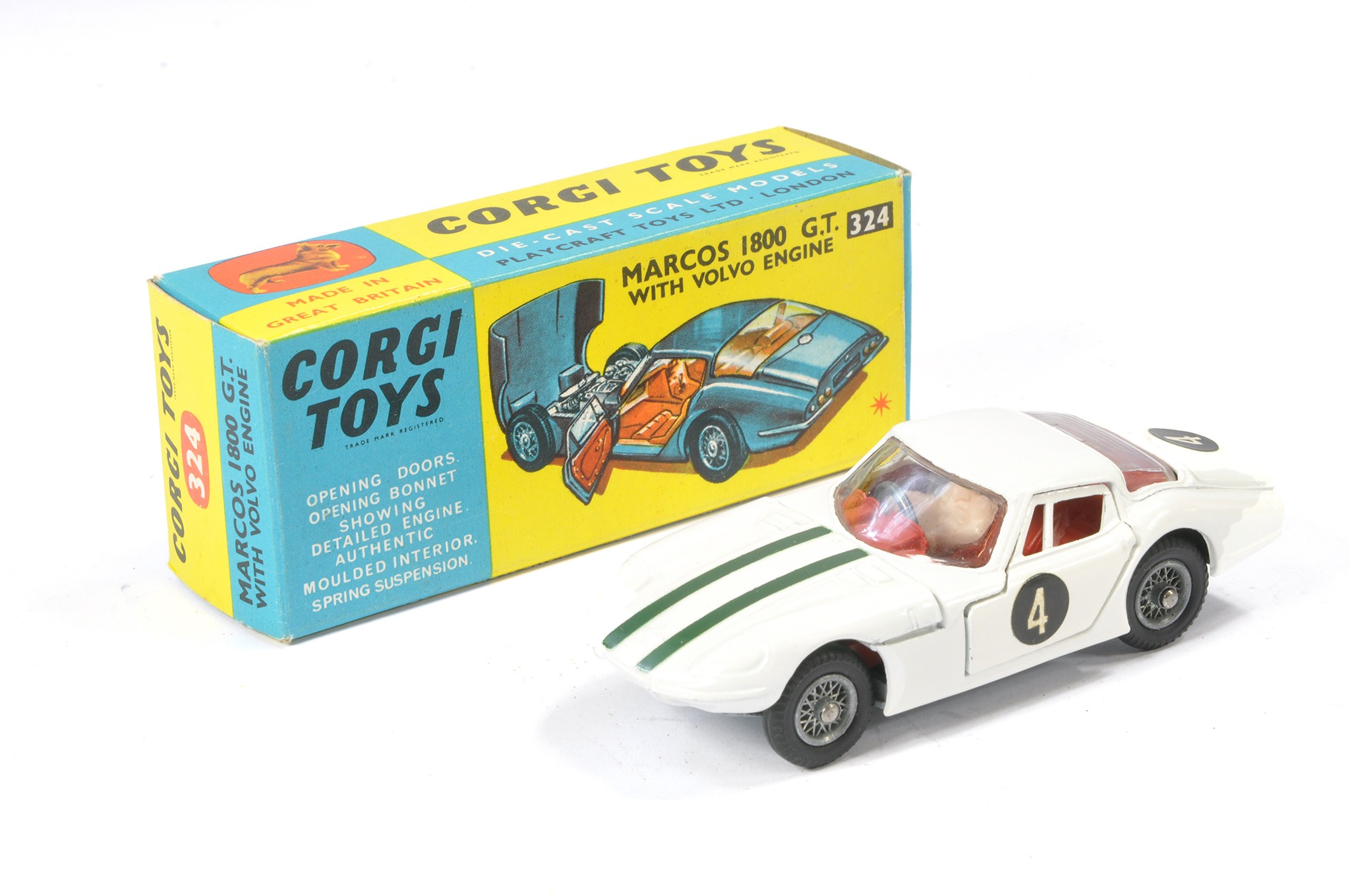 Corgi No. 324 Marcos 1800 GT (with Volvo Engine). White with red interior,  green stripes. Excellent