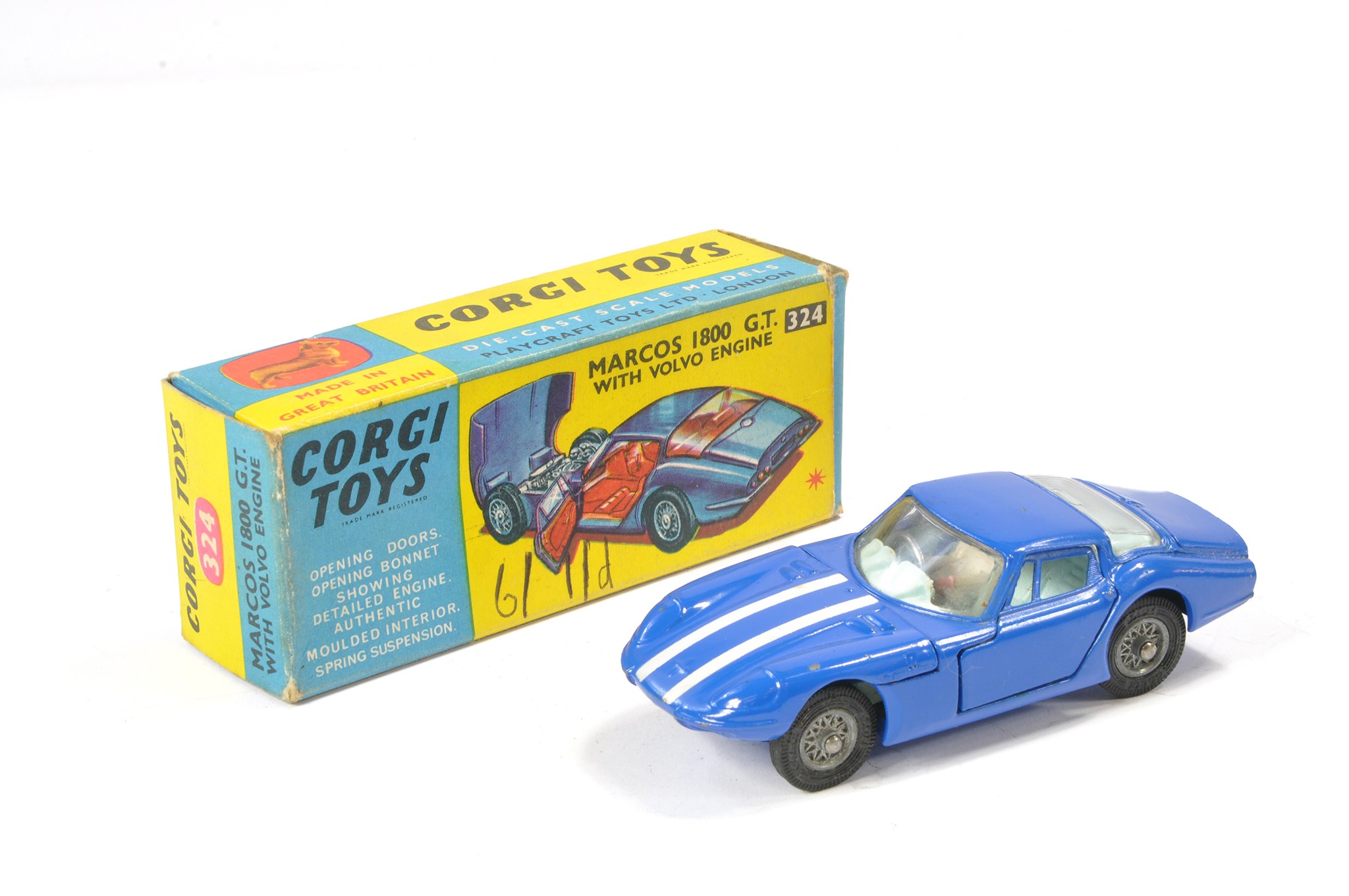 Corgi No. 324 Marcos 1800 GT with Volvo Engine. Blue / White with white  interior. Generally very goo