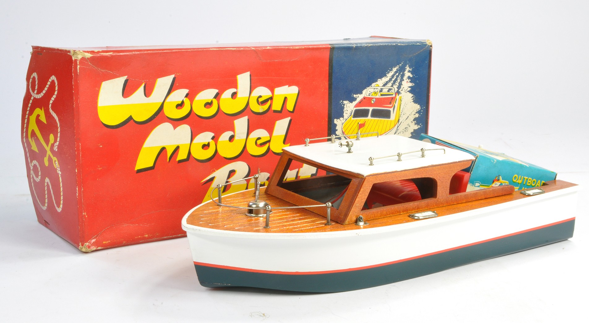 Union (Japan) Wooden Model boat complete with outboard motor (in