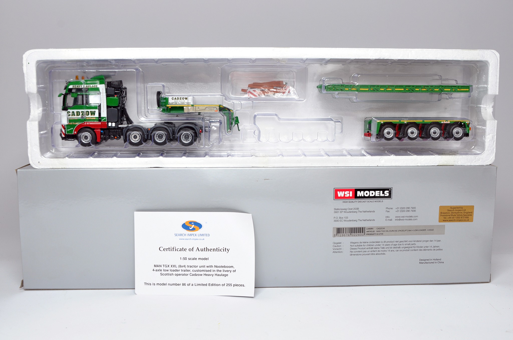 WSI 1/50 diecast model truck issue comprising MAN TGX Nooteboom Low Loader  in the livery of Cadzow.