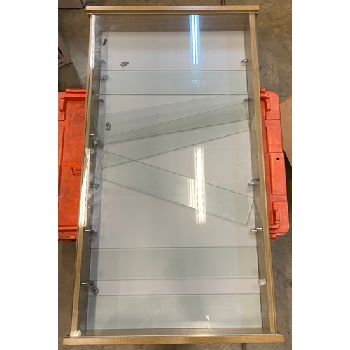 350 - A used large wooden glass shelved display cabinet for wall mounting. Looks to be without significant... 