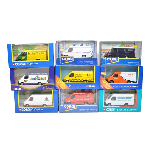 28 - A group of Nine Corgi Diecast Model Ford Transit Vans in various commercial branded liveries. Some h... 