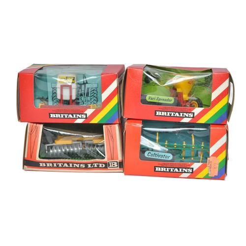 135 - Britains 1/32 Farm Model issues comprising Four boxed implements as shown. Generally good in fair to... 