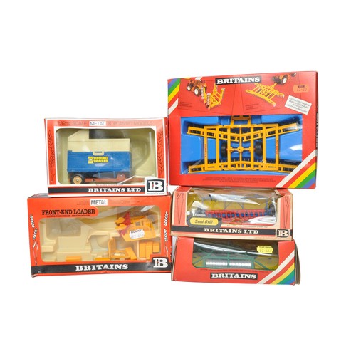 137 - Britains 1/32 Farm Model issues comprising Five boxed implements as shown. Generally good in fair to... 