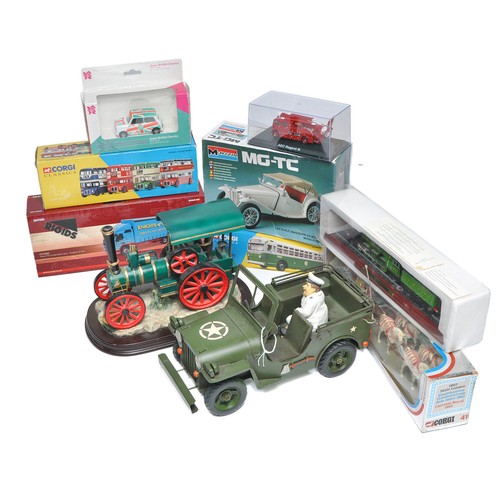 179 - An assortment of general diecast and other models plus plastic model kit. Including Tinplate army je... 