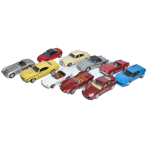 198 - A group of Ten (mostly) 1/18 diecast model cars comprising modern, classic and vintage themes of var... 