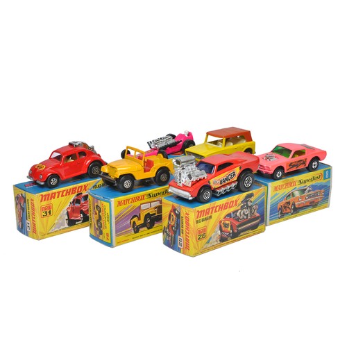 305 - Matchbox Superfast to include six boxed issues including No's. 8 Wild Cat Dragster, 72 Standard Jeep... 