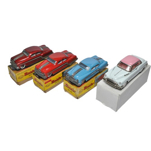 390 - A group of four tinplate friction driven cars from Minister (India). With boxes.