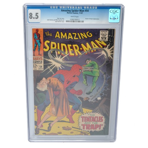 Graded Comic Book Interest Comprising Amazing Spider-Man #54- Marvel Comics 11/67 - Stan Lee Story, John Romita and Mike Esposito Art, John Romita Cover. Doctor Octopus appearance. CGC Grade 8.5 - White Pages.
