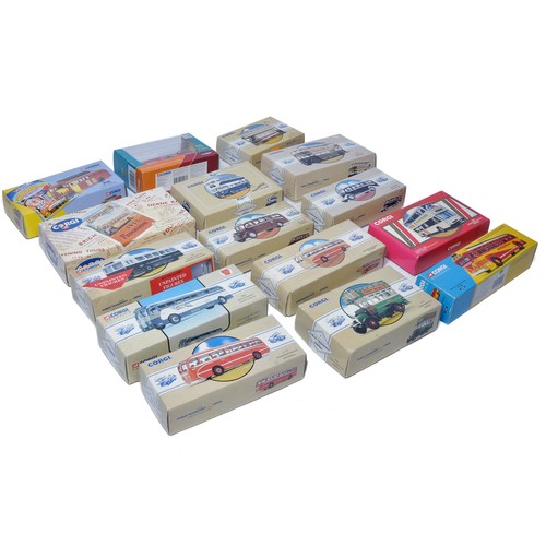 1042 - A group of 15 diecast model commercial vehicles from Corgi, mostly classic series including buses as... 