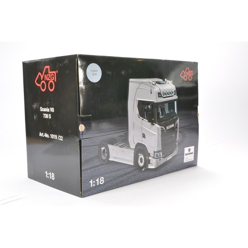 843 - NZG 1/18 diecast model truck issue comprising Scania V8 730S in Fiction Blue. Excellent, not previou... 