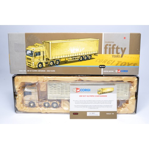 Corgi 1/50 Diecast Model Truck issue comprising No. AN13419 DAF 105 ERF ECT Olympic Curtainside Gold Plated 50-year anniversary edition, complete with certificate and other paperwork. Limited Edition 1 of 50 produced. Model is Excellent with no sign of any faults. Box is Excellent. Extremely hard to find. Note this is issue no. 1!