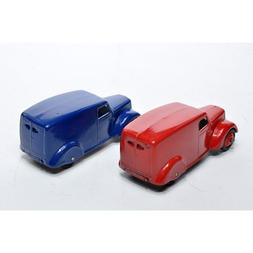 728 - Dinky No. 280 Delivery Van. Duo of issues in red (inc hubs) and blue as shown. Both display generall... 