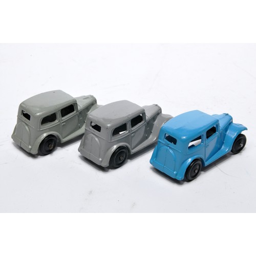 741 - Dinky No. 35a Saloon Car. Trio of issues in Grey, Darker Grey and Blue as shown. All display general... 