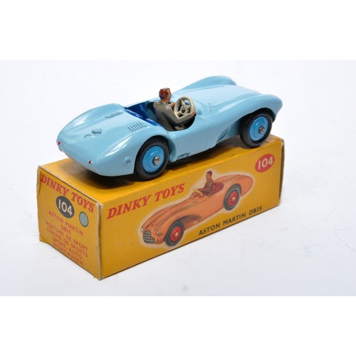 763 - Dinky No. 104 Aston Martin DB3S. Single issue is in light blue, with dark blue interior, mid-blue hu... 