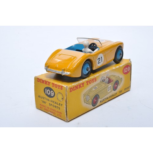 772 - Dinky No. 109 Austin Healey 100 Sports. Single issue is in yellow, RN21 with blue interior, and blue... 