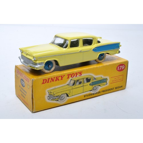 866 - Dinky No. 179 Studebaker President Sedan. Single issue is in yellow with blue flash, plus blue hubs,... 