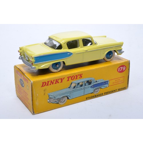 866 - Dinky No. 179 Studebaker President Sedan. Single issue is in yellow with blue flash, plus blue hubs,... 