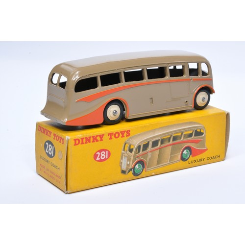 913 - Dinky No. 281 Luxury Coach. Single issue is in dark fawn, with orange flashes, and beige hubs. Displ... 