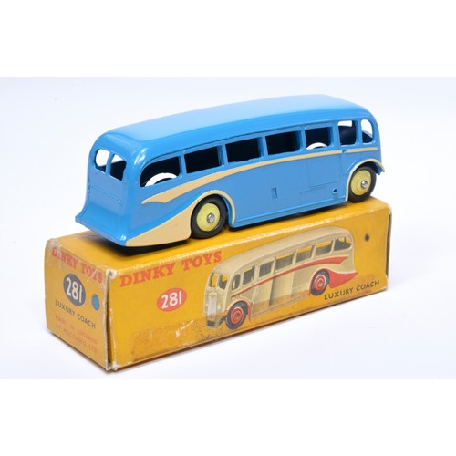 915 - Dinky No. 281 Luxury Coach. Single issue is in blue, with beige flashes, and yellow hubs. Displays g... 