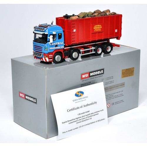 WSI 1/50 diecast model truck issue comprising Scania Streamline Highline Skip Truck in the livery of Central Demolition. Search Impex Limited Edition. Looks to be without obvious sign of notable fault, may have some light handling / display wear. In original box.