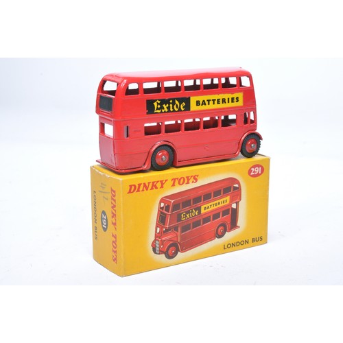 927 - Dinky No. 291 London 'Excide' Bus. Single issue is in red, with 'Exide' livery, and red hubs, as sho... 