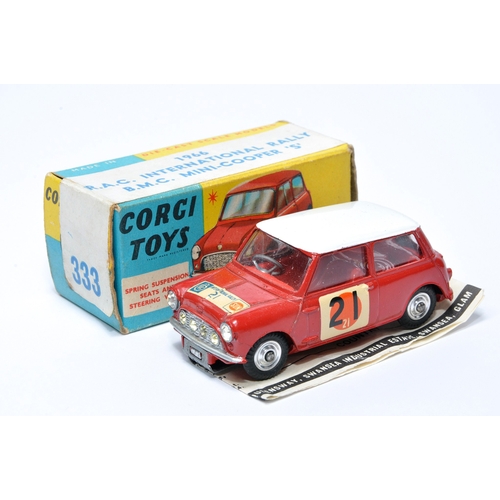 Corgi No. 333 RAC 'Sun' International Rally BMC Mini Cooper S. Red / White with red interior, Sun RAC Decals, RN21, plus chrome hubs. Displays generally excellent, with little sign of wear. In very good box.