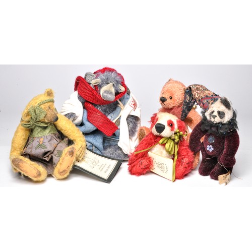 422 - Artist designed miniature teddy bears x five to include 1) Kreft-Bar 