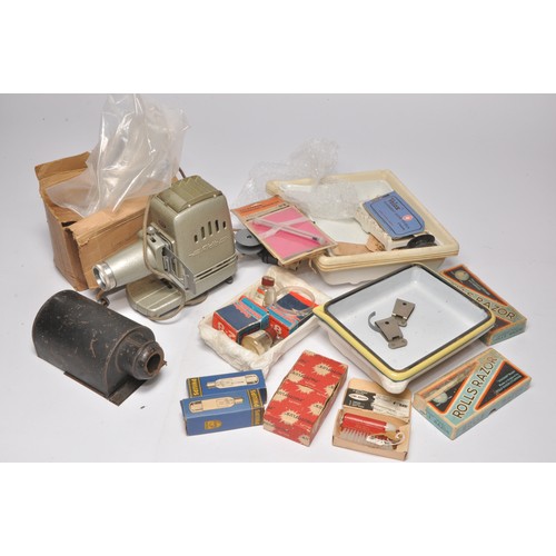 23 - A box of various vintage bygones from photographic, kitchen and personal hygiene themes.